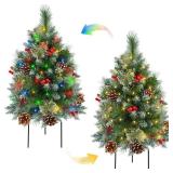 2 Pack Pre-lit Christmas Tree, Battery Operated with Timer, Multi-Color & Warm White Changing LED Lights, 27 inch Artificial Christmas Tree for Outdoor Porch, Urn Filler, Home Xmas Decorations