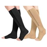Athbavib 2 Pairs Compression Socks for Women & Men with Zipper 15-20 mmhg, Wide Calf Open Toe Plus Size Compression Socks Men, Knee High Compression Stockings for Flying Nurses Pregnant Women Travel