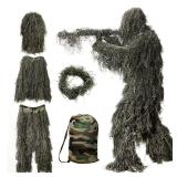 DoCred Ghillie Suit, 3D Camouflage Hunting Apparel 5 in 1 Ghillie Suit Including Jacket, Pants, Hood, Carry Bag, Camo Hunting Clothes M/L