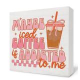 Nvotell Retro Coquette Bow Maybe Iced Coffee Is Addicted to Me Wooden Box Sign, Pink Retro Wood Block Plaque for Coffee Station Shop Bar Desk Shelf Tabletop Decor 5x5 Inch