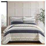 QuiltMuse Stripe Queen Quilt Set - 100% Cotton Soft Lightweight 3 Pieces Bedding Set, Vintage Vine Pattern Quilted Bedspread with 2 Pillow Shams, Farmhouse Printed Coverlet for All Season, Navy/Gray