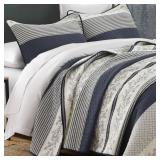 QuiltMuse Stripe Queen Quilt Set - 100% Cotton Soft Lightweight 3 Pieces Bedding Set, Vintage Vine Pattern Quilted Bedspread with 2 Pillow Shams, Farmhouse Printed Coverlet for All Season, Navy/Gray