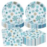 Zhehao 120 Pcs Christmas Paper Plates and Napkins - Snowflake Plates and Napkins Disposable Blue White Dinnerware Sets for Winter Christmas Holiday and New Year Party Supplies