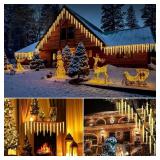 Brightown Christmas Meteor Shower Icicle Lights Outdoor, 30ft with 30 Tube 720 LED Dropping Effect, Waterproof Decorations for House Eave Roofline, Warm White