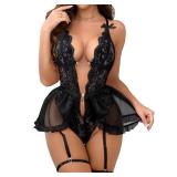 Mixxmix Plus Size Lingerie One Piece Teddy Bodysuit Sexy Outfits Mesh Babydoll Dress Sleepwear Black XL