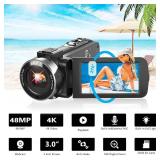 Rumyums 4K Video Camera Camcorder Ultra 48MP Vlogging Camera for YouTube 18X Digital Zoom 3 270° Rotation IPS Touchscreen Video Camcorder with IR Night Vision, 32GB SD Card, 2 Batteries