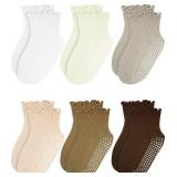 Sooneeya Toddler Ruffle Crew Socks Girls Anti-Slip Grips Sock Comfy and Casual for Kids Indoor 1-2T 3 Pairs White Beige Orange Khaki Deep Khaki Brown