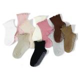 Sooneeya Toddler Ruffle Crew Socks Girls Anti-Slip Grips Sock Comfy and Casual for Kids Indoor 1-2T 3 Pairs White Beige Orange Khaki Deep Khaki Brown