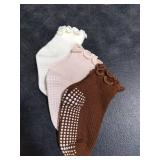 Sooneeya Toddler Ruffle Crew Socks Girls Anti-Slip Grips Sock Comfy and Casual for Kids Indoor 1-2T 3 Pairs White Beige Orange Khaki Deep Khaki Brown