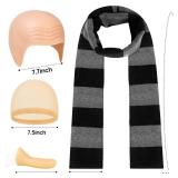 5 Pack Halloween Costume Accessories for Adult, Cosplay Cartoon Characters Costumes, Black Striped Scarf/Fake Nose/Latex Bald Head/Wig Cap Halloween Party Set for Men Women