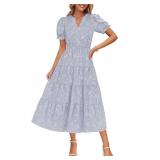 ZESICA Womens 2026 Summer Puff Short Sleeve Midi Dress Floral V Neck Textured Ruffle Flowy Beach Party Dresses,Dusty Taro,X-Large
