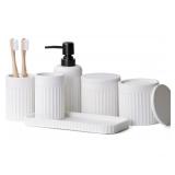 INIUNIK Bathroom Accessory Set - 6 Pieces Bathroom Accessories Set Complete with Soap Dispenser, Toothbrush Holders, Tumbler, Vanity Tray and 2 Qtip Holder for Home Organizer and Decor, White