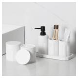 INIUNIK Bathroom Accessory Set - 6 Pieces Bathroom Accessories Set Complete with Soap Dispenser, Toothbrush Holders, Tumbler, Vanity Tray and 2 Qtip Holder for Home Organizer and Decor, White