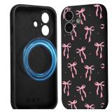 Vulfwela Cute Coquette Bow Phone Case for iPhone 16 Magnetic Case 6.1, Compatible with Magsafe, Aesthetic Ribbon Bowknot Pattern Cover Soft Liquid Silicone Protection Funda for Women Girls, Black