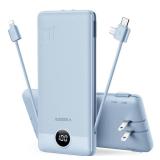 VEGER Portable Charger for iPhone Built in Cables and Wall Plug, 10000mah Slim Fast Charging USB C Power Bank, Travel Essential Battery Pack Compatible with iPhones, iPad, Samsung More Devices(Blue)