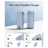 VEGER Portable Charger for iPhone Built in Cables and Wall Plug, 10000mah Slim Fast Charging USB C Power Bank, Travel Essential Battery Pack Compatible with iPhones, iPad, Samsung More Devices(Blue)
