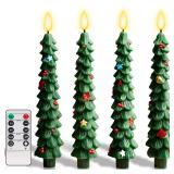 LOKIPILEY 4 Pcs Flameless Christmas Tree Candles with Remote, 2026 Upgraded LED Battery Operated Candlesticks Green Real Wax Window Candlesticks for New Year Xmas Decorations