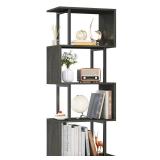 Furologee Geometric Bookshelf 5 Tier Bookcase, Industrial S-Shaped Display Storage Shelf for Small Space, Tall Metal Wood Decorative Standing Shelves for Bedroom, Living Room, Office, Black Oak