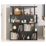 Furologee Geometric Bookshelf 5 Tier Bookcase, Industrial S-Shaped Display Storage Shelf for Small Space, Tall Metal Wood Decorative Standing Shelves for Bedroom, Living Room, Office, Black Oak