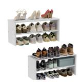2 Pack White Shoe Rack for Closet, 2-Tier Expandable Small Shoe Shelf, Stackable Iron Wood Combination Shoe Organizer Racks Shelves for Closets, Entryway, Hallway, Garage, Holds 12-24 Pairs