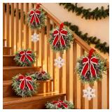 Hausse 6 Pcs Christmas Wreath, 12 Christmas Mini Wreaths for Cabinets with Red Bows, Artificial Small Xmas Wreaths Hanging Decoration Garlands for Kitchen Window Farmhouse Chair Wall Front Door