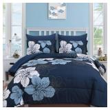 Luxudecor Navy Blue Comforter Set Queen Size, 7 Pieces Bed in a Bag Navy Blue Floral Comforter and Sheet Set, Soft Microfiber Complete Bedding Sets for All Seasons