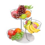 Livabber Fruit Basket Bowl with Banana Hanger, Metal Fruit Vegetable Storage Basket with Banana Holder for Kitchen Counter, Detachable Organizer for Bread Snack Produce (Chrome, 3-Tier Marble Base)