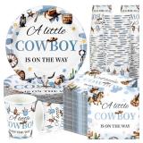 Hushee 200 Pcs a Little Cowboy Is on The Way Baby Shower Paper Plates Napkins Cups Baby Shower Party Supplies Tableware Set Cowboy Disposable Cup Napkin for 50 Guest Boy Girl Spring Decoration