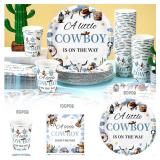 Hushee 200 Pcs a Little Cowboy Is on The Way Baby Shower Paper Plates Napkins Cups Baby Shower Party Supplies Tableware Set Cowboy Disposable Cup Napkin for 50 Guest Boy Girl Spring Decoration