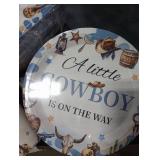 Hushee 200 Pcs a Little Cowboy Is on The Way Baby Shower Paper Plates Napkins Cups Baby Shower Party Supplies Tableware Set Cowboy Disposable Cup Napkin for 50 Guest Boy Girl Spring Decoration