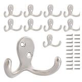 CBWLWJ 10 Pack Coat Hooks Wall Hooks for Hanging, Heavy Duty Double Prong Metal Hook Wall Mounted for Living Room, Bathroom, Kitchen, Bedroom for Coat, Bag, Scarf, Towel, Hat, Key, Cup (Silver)