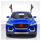Christmas Car Decorations - Reindeer Antler Kit with Jingle Bells and Red Nose - Vehicle Accessories for Xmas