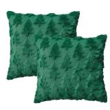 AVOIN colorlife Christmas Tree Green Throw Pillow Covers Set of 2, 18 x 18 Inch Soft Plush Faux Fur Jacquard Festivals Winter Cushion Case Decoration for Sofa Couch