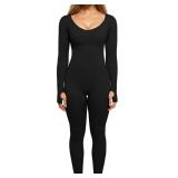 Popilush Jumpsuits for Women Long Sleeve Black Workout Jumpsuit Built-in Bra Ribbed U Neck Tummy Control Full Bodycon Fall Outfits XXL