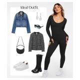 Popilush Jumpsuits for Women Long Sleeve Black Workout Jumpsuit Built-in Bra Ribbed U Neck Tummy Control Full Bodycon Fall Outfits XXL