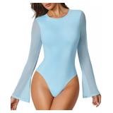Avidlove Body Suits For Women Long Sleeve Bodysuit Bell Sleeve Tops Going Out Thong Leotard Sexy (Light Blue XL)
