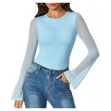 Avidlove Body Suits For Women Long Sleeve Bodysuit Bell Sleeve Tops Going Out Thong Leotard Sexy (Light Blue XL)