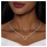 Airmb Heart Necklace for Women 925 Silver Plated Cute Necklaces Dainty Silver Necklace Paperclip Chain Trendy Open Heart Choker Necklaces Gold Jewelry for Women Gifts