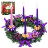 MCEAST 12 Inch Christmas Centerpiece Wreath Candle Holder with Purple Ribbon, Bowknots, Pine Cones for Home and Church Decoration