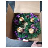 MCEAST 12 Inch Christmas Centerpiece Wreath Candle Holder with Purple Ribbon, Bowknots, Pine Cones for Home and Church Decoration