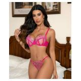 VORIXIA Lingerie Sexy Bra and Panty Set for Women See Through Sheer Underwear Cute Exotic Foral Embroidery Babydoll Suit(T-L) Cherry Red