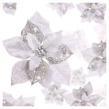 Boao 24 Pieces Christmas Artificial Glitter Poinsettia Flowers Xmas Flowers Wedding Christmas Tree New Year Ornaments(Silver)