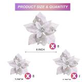 Boao 24 Pieces Christmas Artificial Glitter Poinsettia Flowers Xmas Flowers Wedding Christmas Tree New Year Ornaments(Silver)