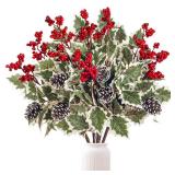 Sggvecsy 6 Pack Artificial Christmas Flowers with Holly Berries Pine Cones Green Leaves Fake Christmas Branches Faux Flower Stems Bouquets for Floral Arrangement Home Vase Xmas Holiday Season Decor