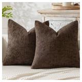 Pack of 2 Couch Throw Pillow Covers 18x18 Inch Neutral Dark Brown Boho Accent Decorative Pillow Covers Soft Chenille Farmhouse Cushion Covers for Home Decor Bed Sofa Living Room - Retail: $17