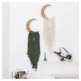 Macrame Wall Hanging Boho Moon Decor, Bohemian Crescent Wooden Ornament with Long Tassel, Handmade Unique Wood Tapestry Home Decoration Wall Art Gift for Dorm Bedroom Nursery Living Room - Retail: $22