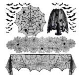 5Pack Halloween Decorations Indoor Halloween Decor Black Lace Table Runner Fireplace Mantel Scarf Round Tablecloth Cobweb Lampshade with 32 Pcs 3D Bat Wall Stickers. - Retail: $7