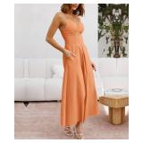 Women Spaghetti Strap Midi Dress Sleeveless V Neck Cutout Slit Casual Beach Party Maxi Dresses Pockets(Light Orange, Small) - Retail: $50