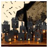12 Pcs 11.8 Inch Halloween Haunted House Lantern Sets 3D Paper Hollowed out Lantern Black Spooky Haunted House Decor Village Castle Centerpieces for Indoor Outdoor Halloween Decoration - Retail: $13