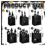 12 Pcs 11.8 Inch Halloween Haunted House Lantern Sets 3D Paper Hollowed out Lantern Black Spooky Haunted House Decor Village Castle Centerpieces for Indoor Outdoor Halloween Decoration - Retail: $13